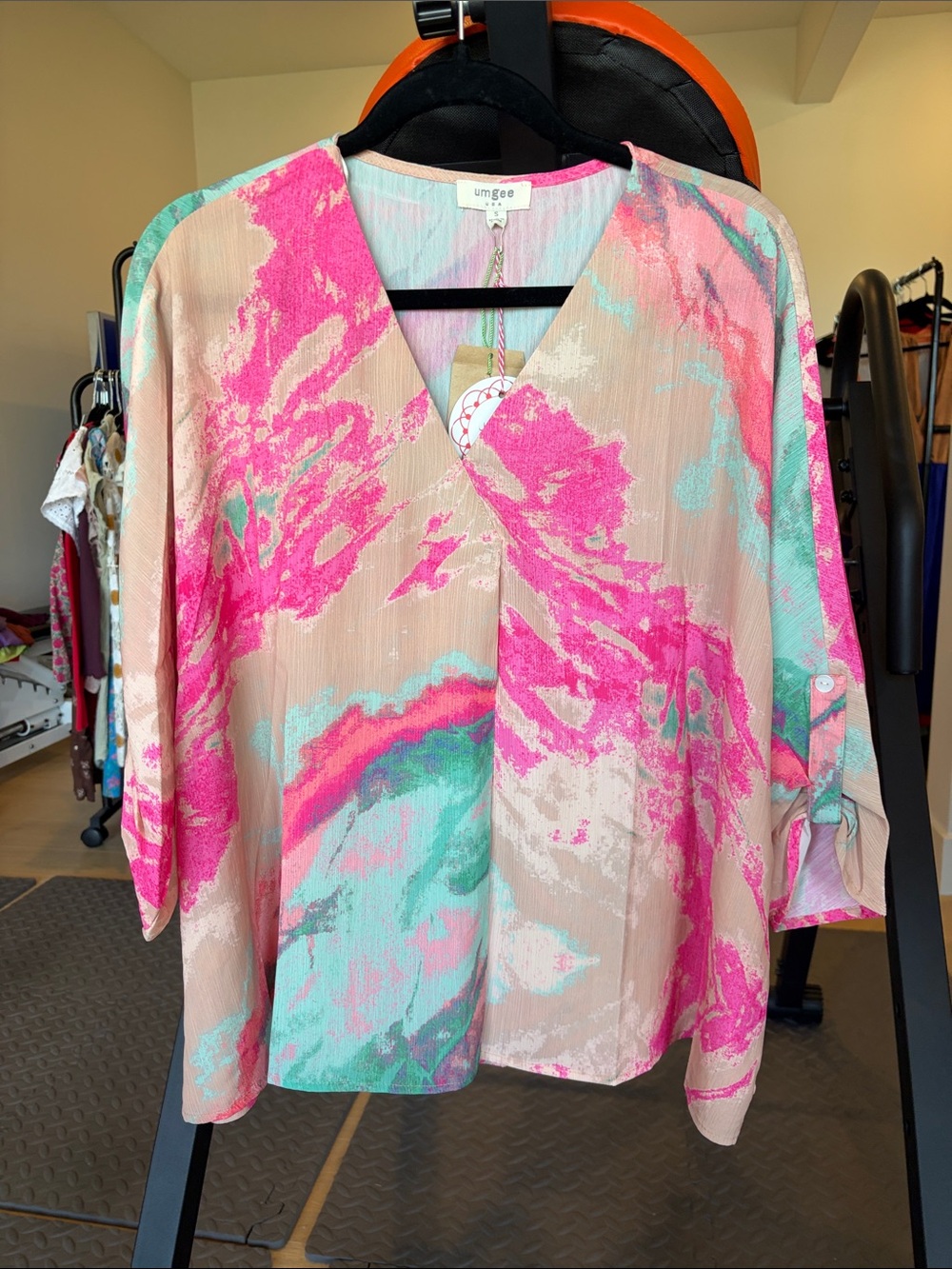 Umgee Pink Mint Abstract V-Neck Flow Top